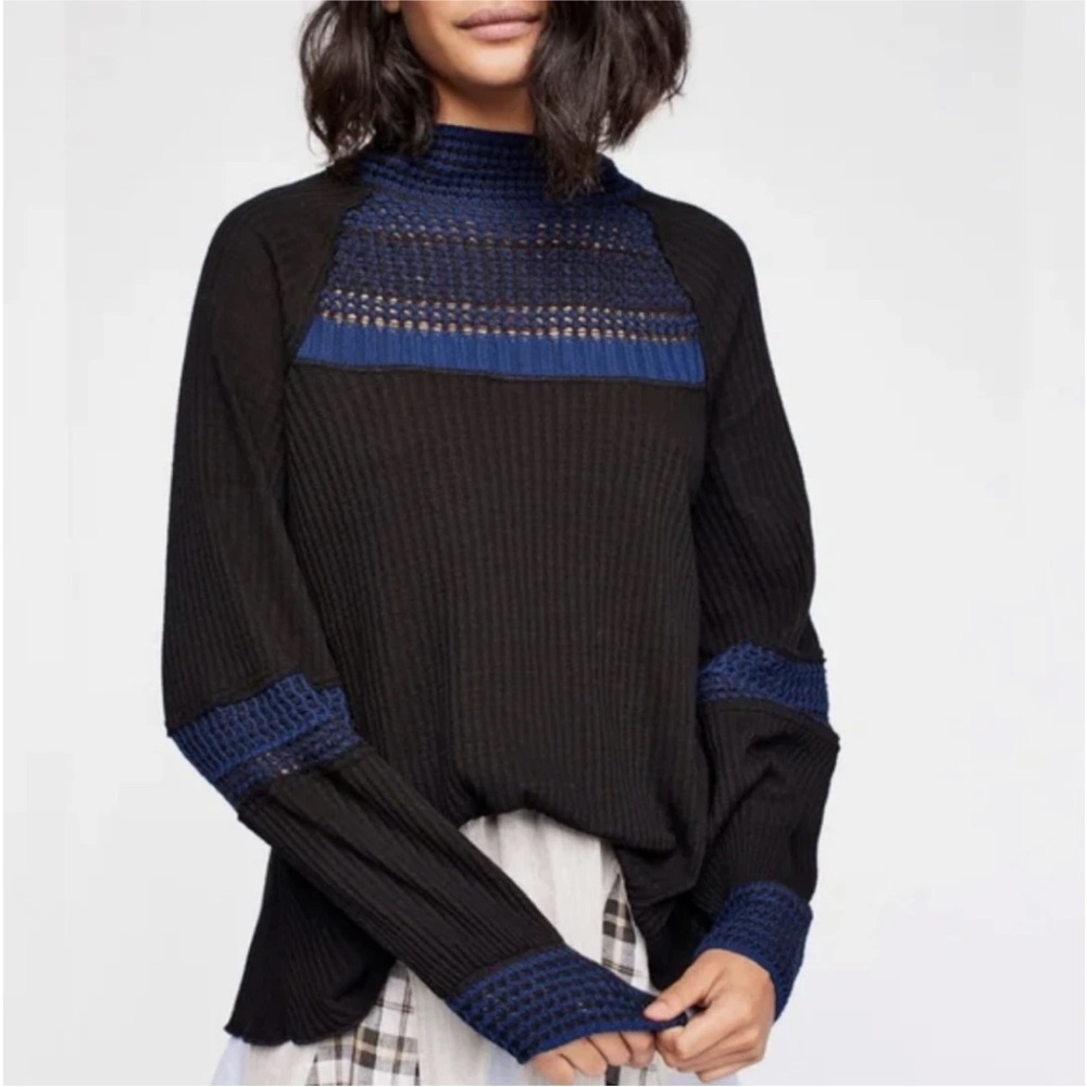 Free People thermal  with Navy Knit Accents long sleeve pullover size S
